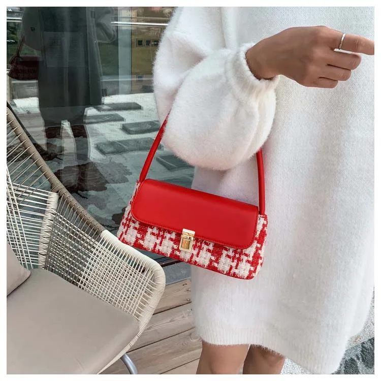 Winter Wool Plaid Small Shoulder Bag for Women Modern Handbags Mini Baguette Bags PU leather Lock Tote Black White Red Green Bag (11)