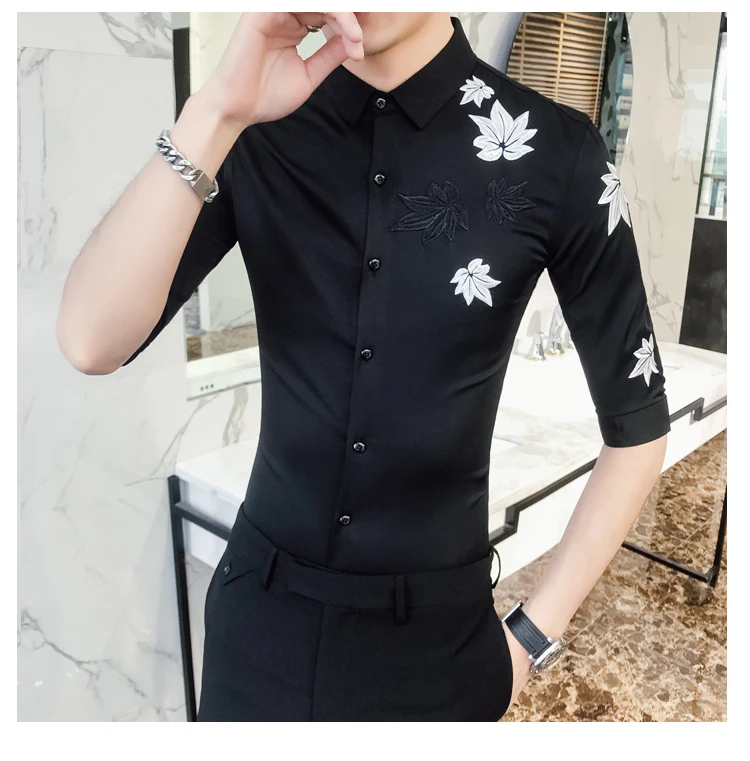 Мужская рубашка с вышивкой, высокое качество, Camisa Masculina Blcak, белая рубашка с коротким рукавом, рубашка для ночного клуба, Chemise Homme, уличная одежда