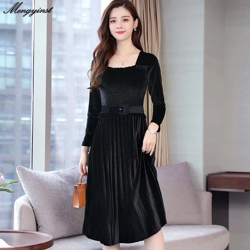 

Vintage Gold Velvet Casual Dress Women 2020 Spring Female Elegant Square Collar Elasticity Wasit Long Sleeve Patchwork Dresses