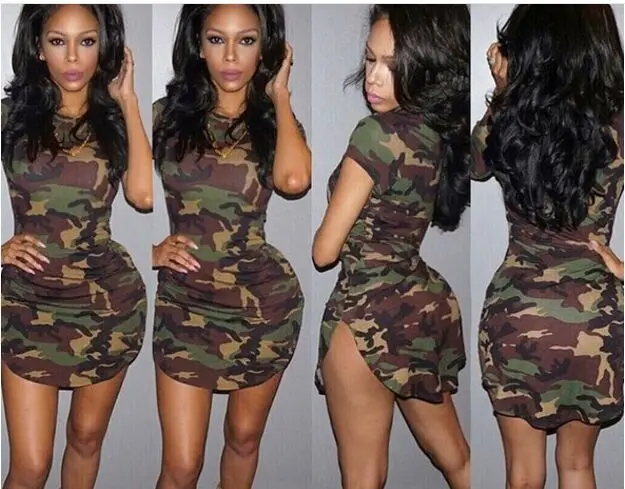 

European And American-Style New Style Slim Fit Sheath Camouflage T-shirt Dress O Neck Crew Neck Short Sleeved One Piece Skirt