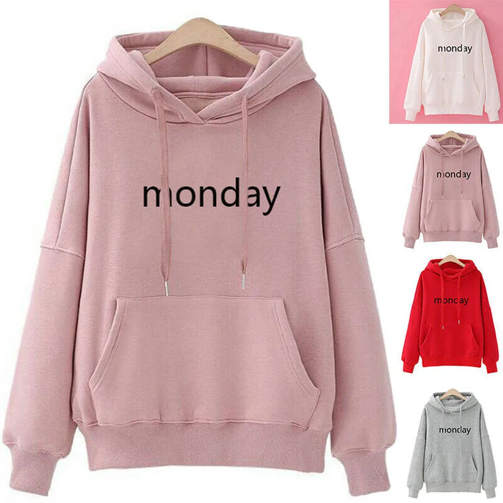 SAGACE, Новое поступление, модная Женская толстовка с длинным рукавом и надписью Monday, с карманами, на завязках, свитер размера плюс, женская одежда