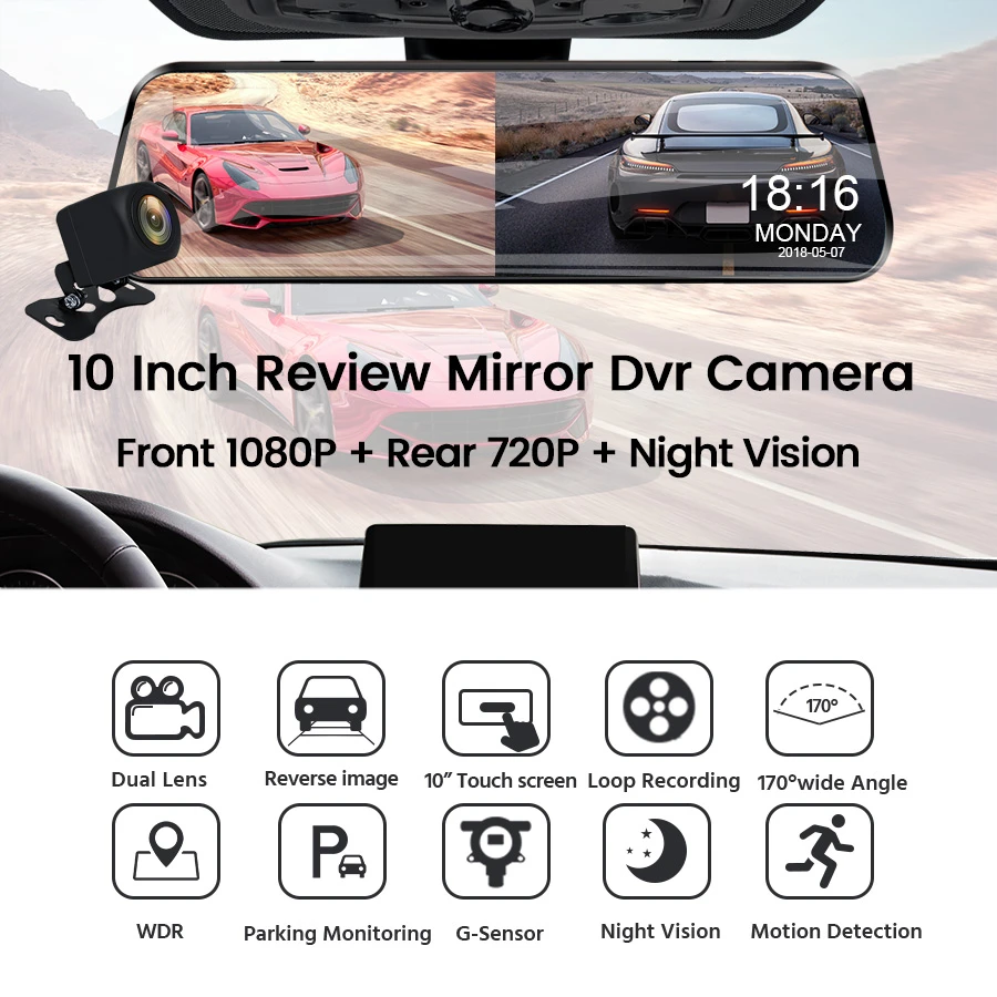US $39.94 E Ace 10 Touch Car Dvr Mirror Dash Camera Fhd 1080p Video