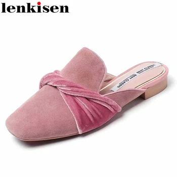 

Lenkisen high quality handmade sheep suede square toe mixed cloth low square heels mules slip on young lady leisure pumps L09