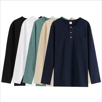 

Man henry collar solid long sleeve tshirt spring and autumn male casual pure cotton long-sleeved t-shirt man round neck tees