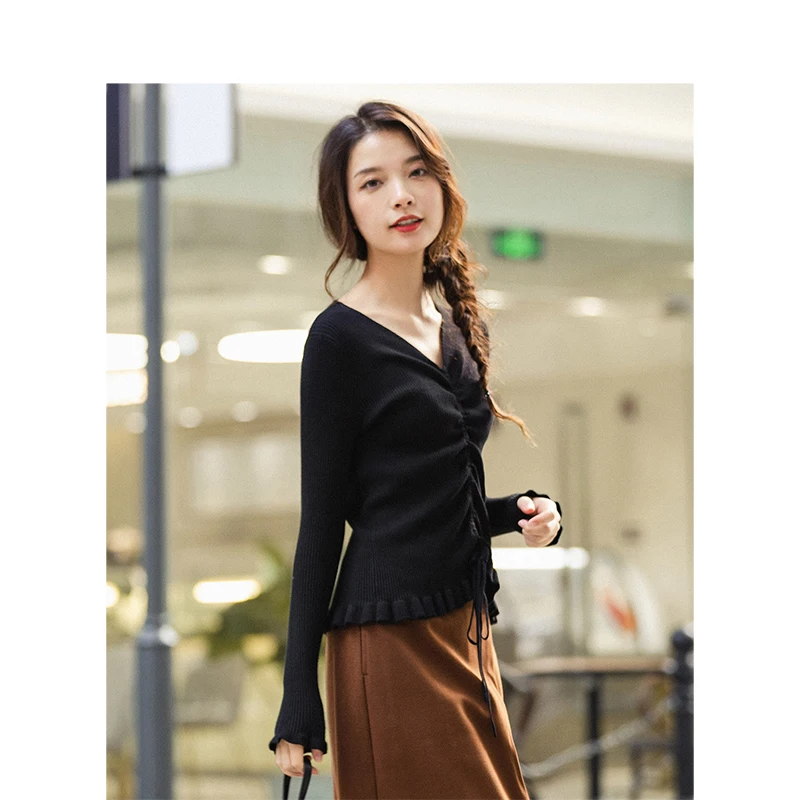 INMAN Winter Elegant Solid Color V Neck Drawstring Flower Swing Women Pullover Sweater