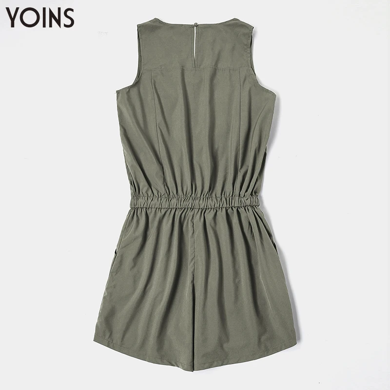 YOINS Women V-neck Sleeveless Lace up Zip Front Side Pockets Playsuit Summer Casual Jumpsuit Rompers Overall Trousers Femme