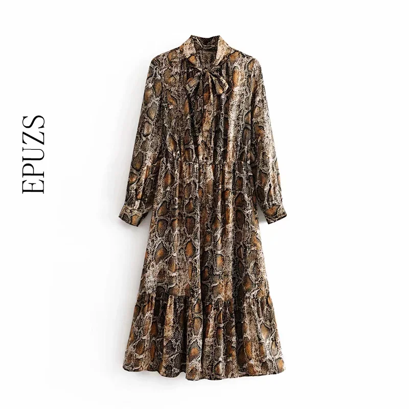 Женское винтажное платье со змеиным принтом свободное плиссированное с длинным