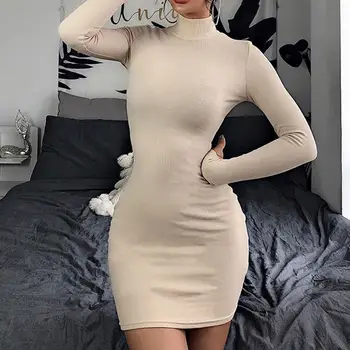 

2020 New Fashion Dresses Women Sexy Solid Turtleneck Night Club Bodycon Tight Buttocks Mini Dress H1
