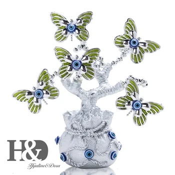 

H&D Fengshui Tree Figurine Turkish Evil Eye Tree for Protection Wealth Good Luck Gift Home Decor Resin Green Butterfly Silver