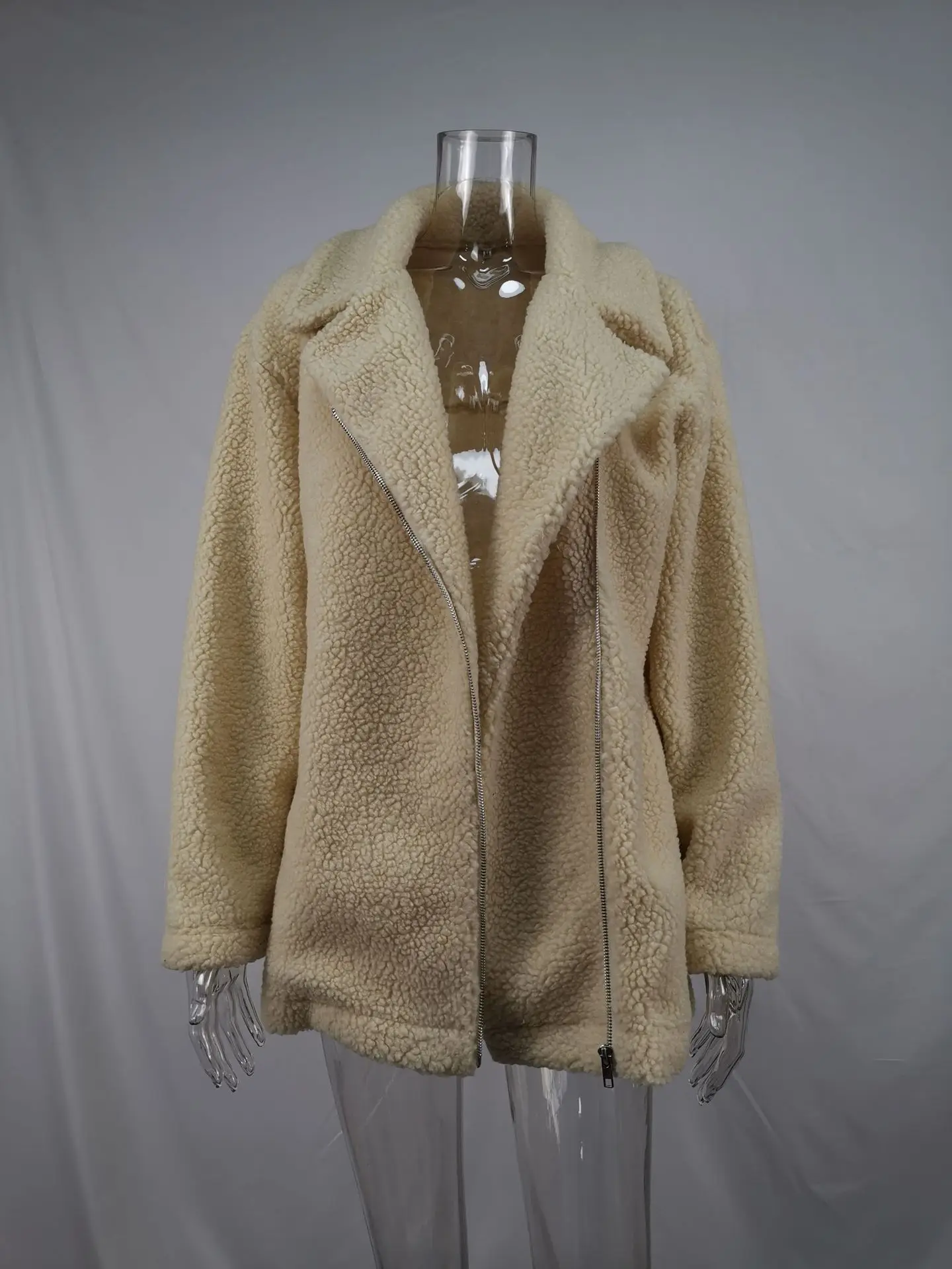 Зимнее плюшевое пальто для женщин, толстое теплое пальто с отворотом и длинным рукавом на молнии, пушистые куртки из искусственного меха, женская мода, пальто размера плюс
