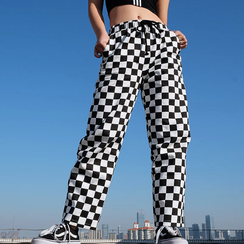 2020 New Popular Women's Black-White Checkerboard Plaid Contrast Color Slimming Casual Pants Wide Leg sweatpants | Женская одежда
