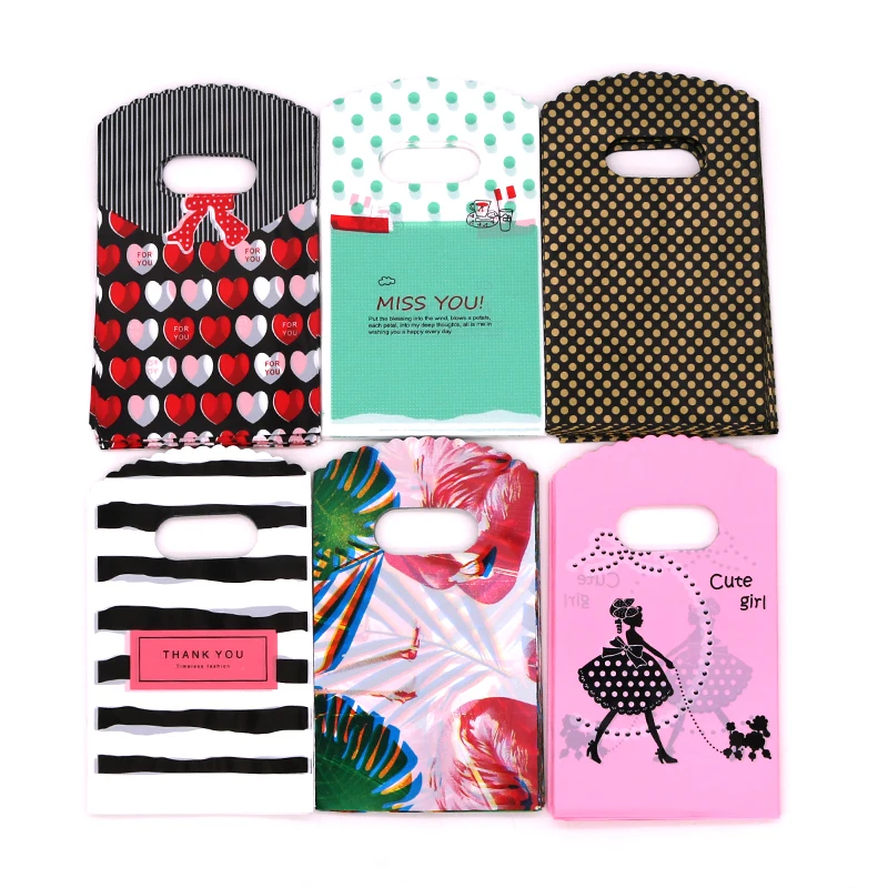 

50pcs/lot Jewelry Packing Plastic Bags with Handles 9x15cm Mixed Color Boutique Shopping Candy Gift Sachets Soap Packaging Bags