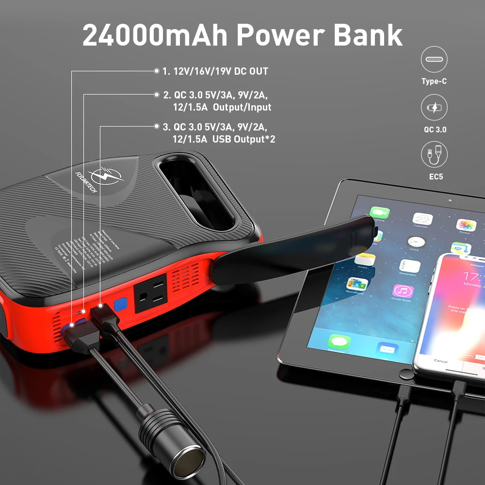 FLYLINKTECH Portable 24000mAh 12V 2500A Car Jump Starter with 120W AC  Outlet Battery Booster Pack Auto Fast Charger 3.0 USB port