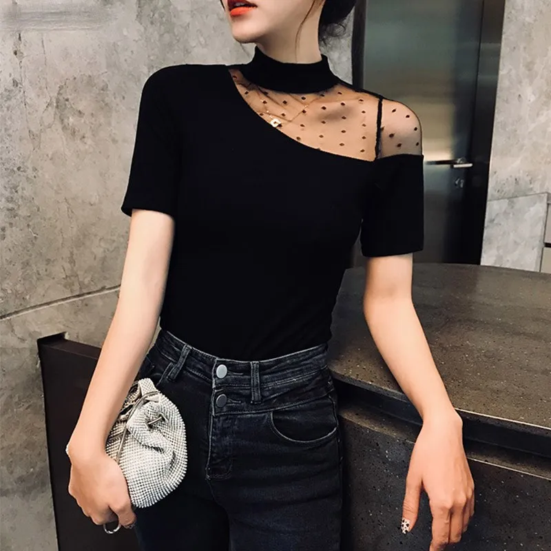 

Summer 2019 Women Hollow Out T Shirt Solid Gauze Patch Mash Tops Ladies Slim Turtleneck T-Shirt