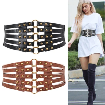 

Waist corset belt plus size elastic belts for women luxury punk cummerbunds rivet stretch wide cinturon mujer 2020 dress riem