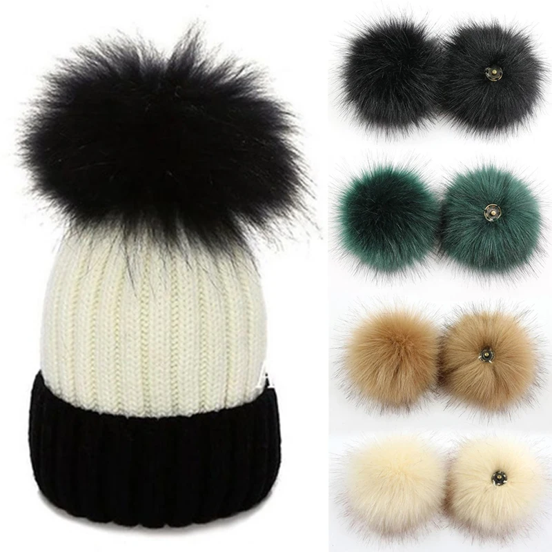 2pcs Fluffy Faux Fur 12cm Ball with Press Button for Baby Girl Pompoms Beanie Hat Accessories Press Stud Ball