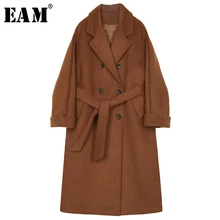 [EAM] свободное двубортное Бандажное длинное шерстяное пальто, парка, новинка, длинный рукав, женская мода, Осень-зима, 19A-a56