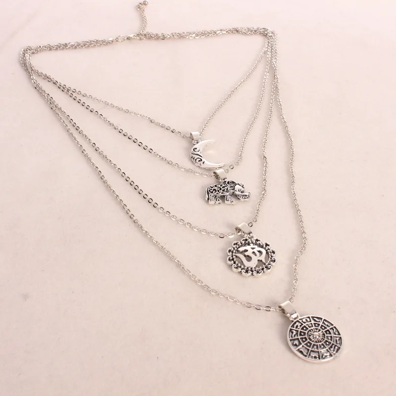 Bohemia Elephant moon multilayer necklace with alloy for women statement necklace with zinc pendant necklace wholesale