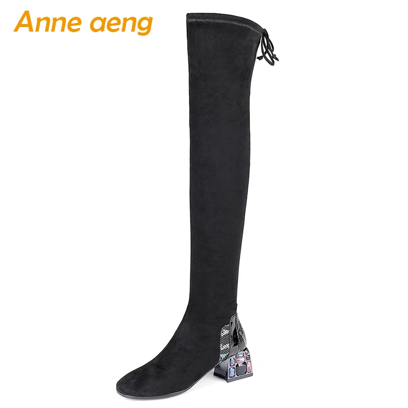 

2019 New Autumn Cow Leather Women Over-The-Knee Boots Crystal High Heel Round Toe Sexy Ladies Women Shoes BlackThigh High Boots