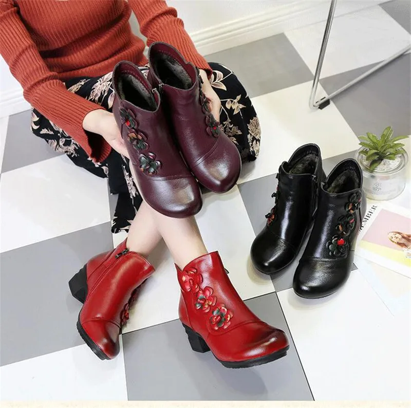 YAERNI Autumn Winter Shoes Woman Cow Leather Flower Shoes Comfort Med Heel Ankle Boots Genuine Leather Fashion Shoes women