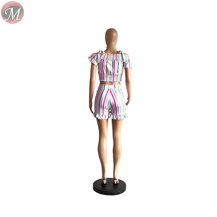 9060630 queenmoen summer women clothing wholesale rainbow strip ruched two piece shorts suit
