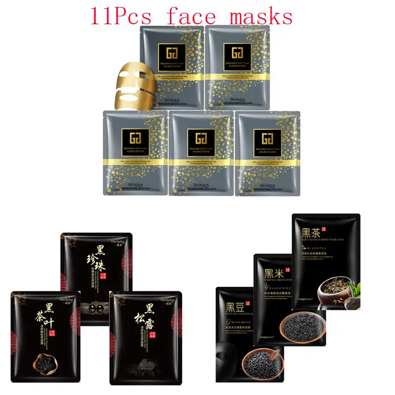 

11Pcs mixed 24K Gold mask rice bearns detox tea Collagen Face Mask Moisturizing Anti-Aging black Facial Masks korean skin care