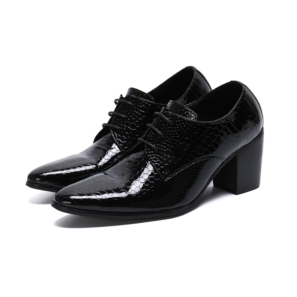 Schoenen mannen/блестящие вечерние мужские туфли черного цвета из змеиной кожи; свадебные туфли на шнуровке; мужские кожаные туфли на высоком квадратном каблуке