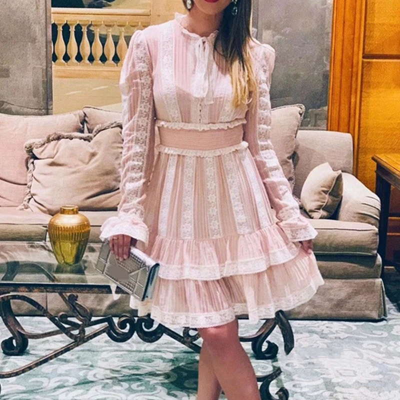 

Designer Women Short Dress High Quality Pink Lace Patchwork Retro Dresses 2019