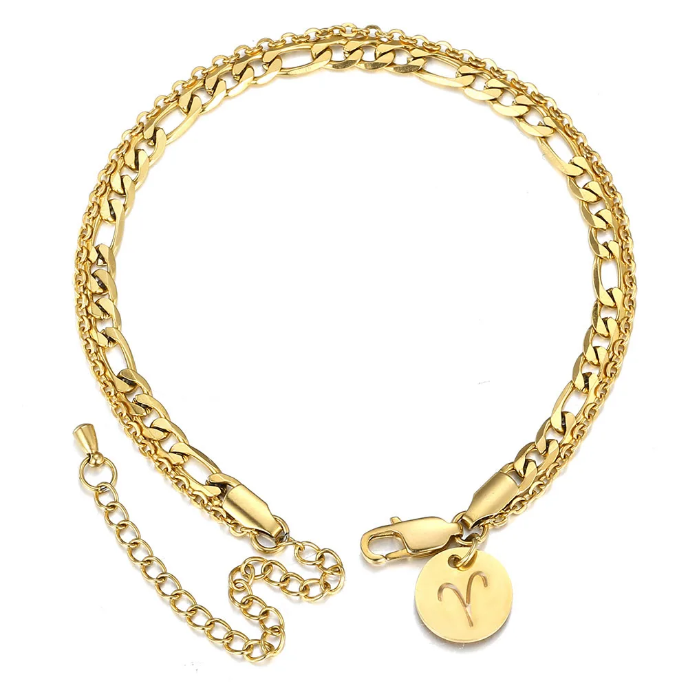 New 12 Constellation Zodiac Signs Charm Anklet Gold Color Double Layer Figaro Rolo Chain Anklet Foot Jewelry For Women DA43 New 12 Constellation Zodiac Signs Charm Anklet Gold Color Double Layer Figaro Rolo Chain Anklet Foot Jewelry For Women DA43