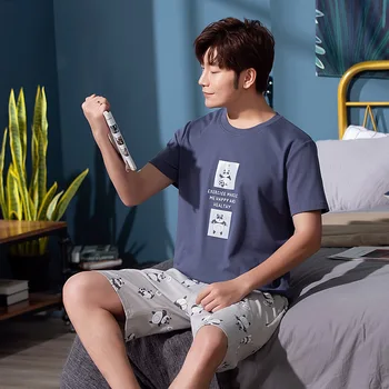 

Youth Men Pajamas Extra-Large Co5Xl Summer Korean-Style New Style Crew Neck Short Sleeve Shorts Pure Cotton Homewear Set