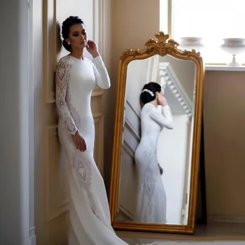 

Elegant Mermaid Wedding Dresses Lace Appliqued Beaded Jewel Neck Sweep Train Boho Wedding Dress Bridal Gowns Long Sleeves