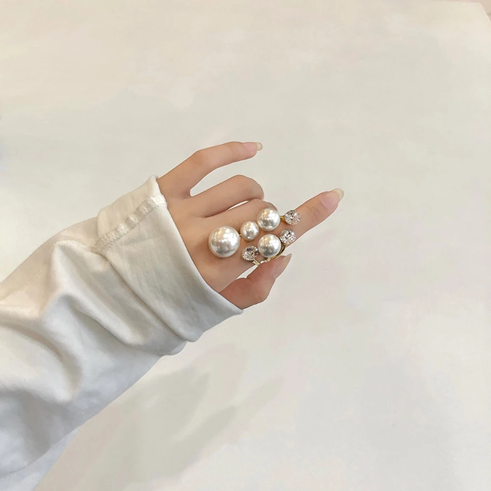 Finger Ring Ring Set Opening Ring Elegant Retro Oversize Multi Pearl Rings for Women Lady Shiny Crystal Rhinestone Irregular Charm Open Rings Jewelry