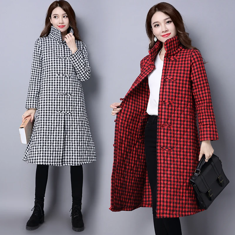 

Cotton Linen Women's Down Jacket Chinese Style Winter Jacket Women Plaid Long Woman's Coat Loose Standing Collar Female Jacket
