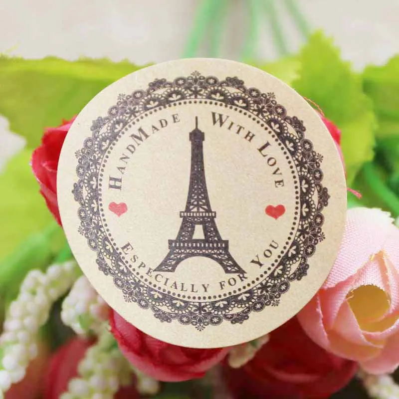 100pcs heart self adhesive labels Vintage kraft handmade with love labels paper self seal thank you 3cm size
