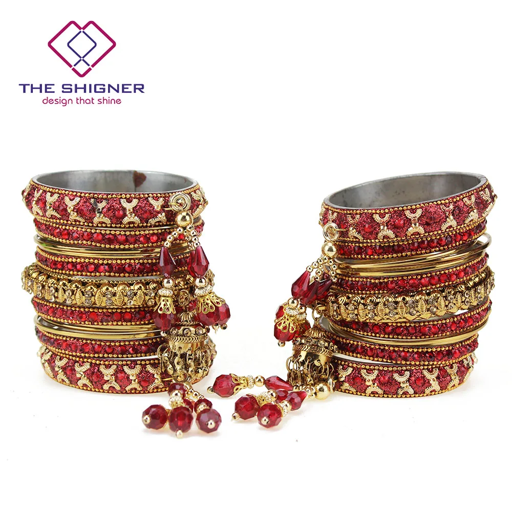 2.4 SHIGNER болливудское украшение красного и золотистого цвета латкан Jhumka Свадебный Choora Набор браслетов 26 шт./компл. индийские Kada Chuda ювелирные изделия - Окраска металла: 2.4