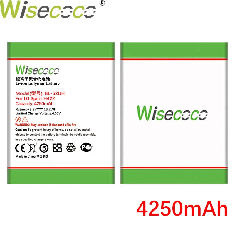Wisecoco 4250 мАч BL-52UH Батарея для LG Spirit H422 D280N D285 D320 D325 DUAL SIM H443 Escape 2 VS876 L65 L70 MS323 мобильный