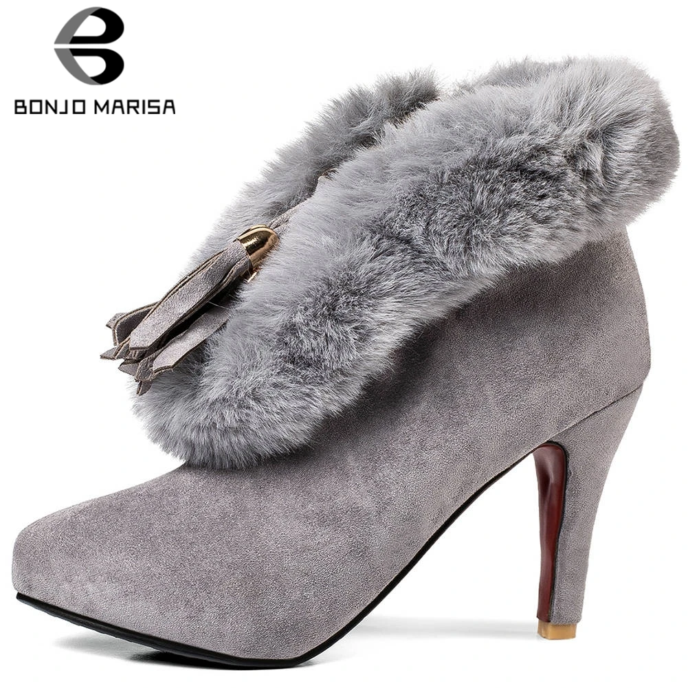 

BONJOMARISA New 30-43 Elegant Faux Fur Booties Ladies Winter Warm Ankle Fur Boots Women 2019 Party High Heels Shoes Woman