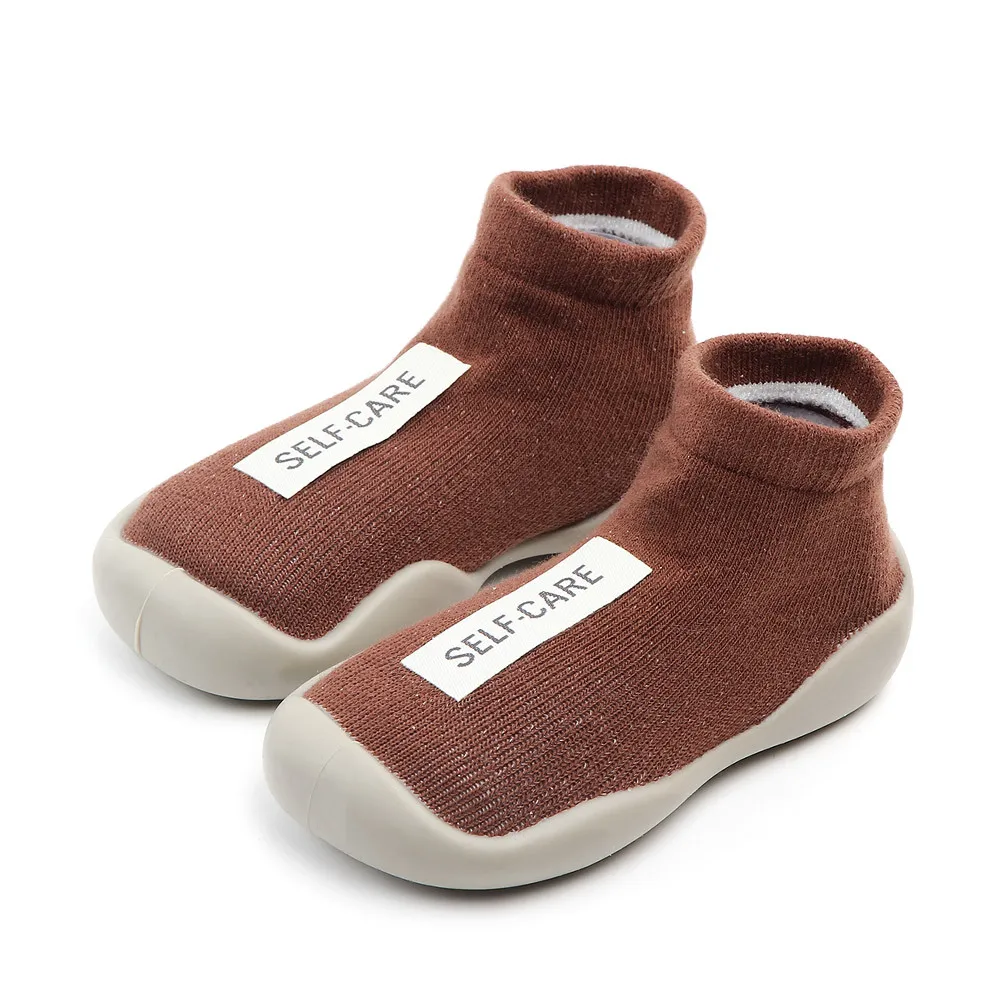 Детские носки для младенцев, детская обувь, нескользящая резиновая сетчатая обувь, детские теплые махровые толстые носки с мягкой подошвой для первых шагов, зима-осень - Цвет: Brown