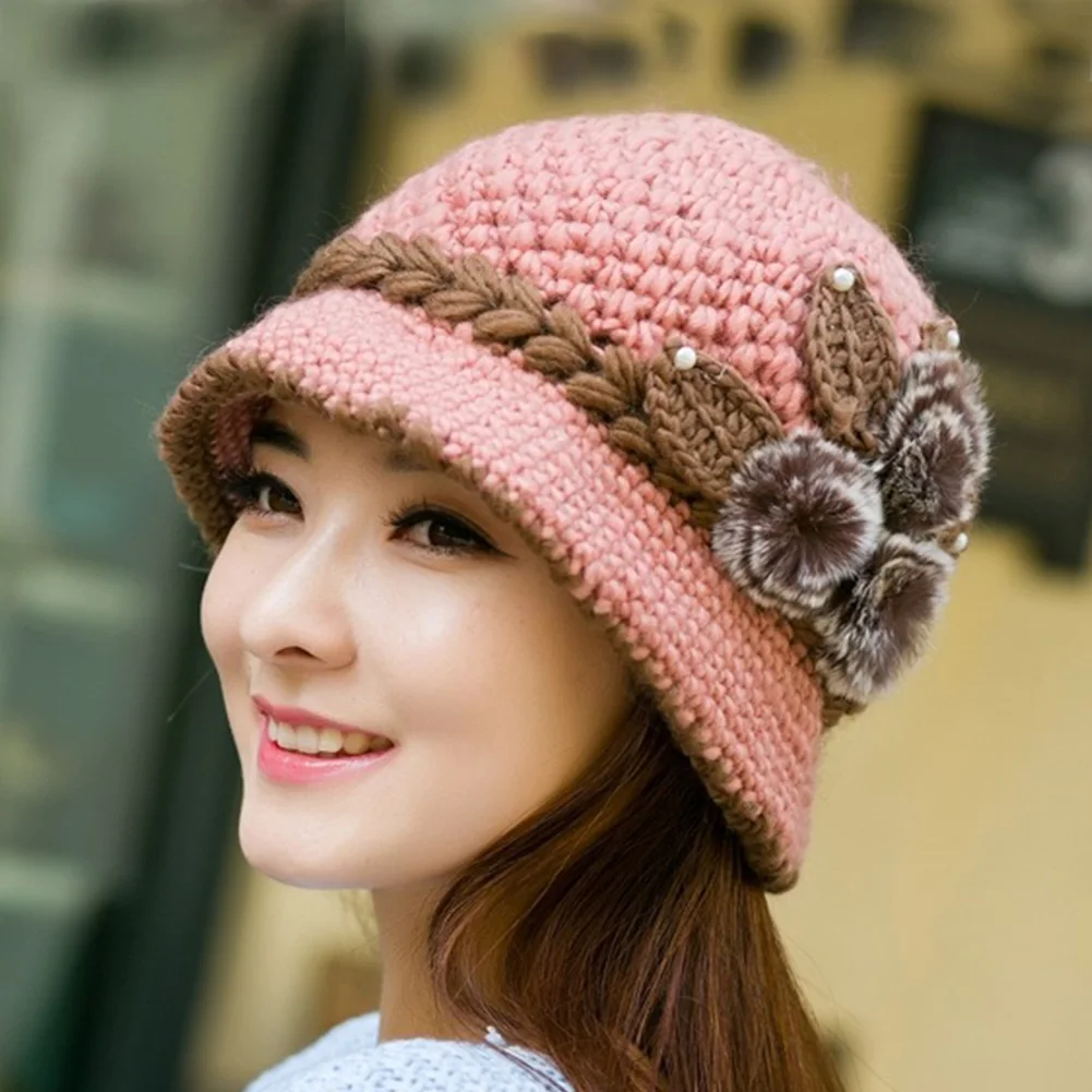 Удобная плотная Складная вязаная шапка из искусственной шерсти на осень и зиму, украшенная цветами, теплая женская шапка, эластичный головной убор, подарок