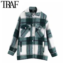 TRAF, Женская винтажная стильная негабаритная клетчатая куртка, пальто, модный воротник с лацканами, длинный рукав, карманы, свободная верхняя одежда, шикарные топы