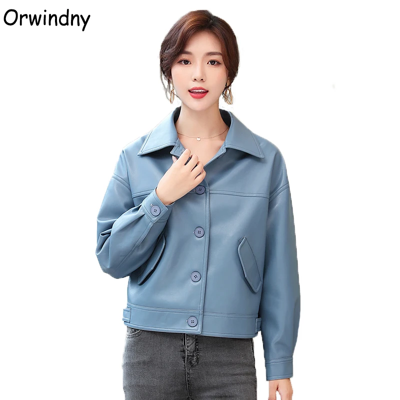 Orwindny Новое поступление Женская кожаная куртка милое синее кожаное пальто для