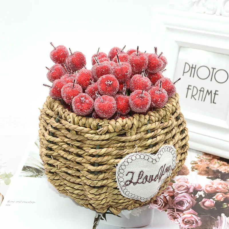 10pcs 2cm Artificial Fruit Glass Berries Stamen Mini Apple Fake Fruit Red Cherry Bouquet DIY Gift Box Scrapbook Christmas Decor