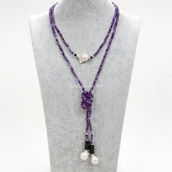 

GuaiGuai Jewelry 51" Natural Faceted Purple Amethyst White Keshi Pearl Black Onyx Long Necklace