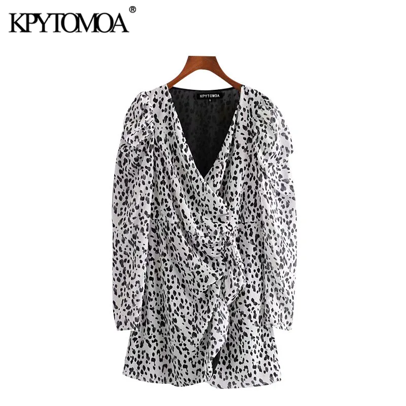KPYTOMOA Women 2020 Chic Fashion Animal Print Ruffled Mini Dress Vintage Wrap V Neck Puff Sleeve Female Dresses Vestidos Mujer KPYTOMOA Women 2020 Chic Fashion Animal Print Ruffled Mini Dress Vintage Wrap V Neck Puff Sleeve Female Dresses Vestidos Mujer