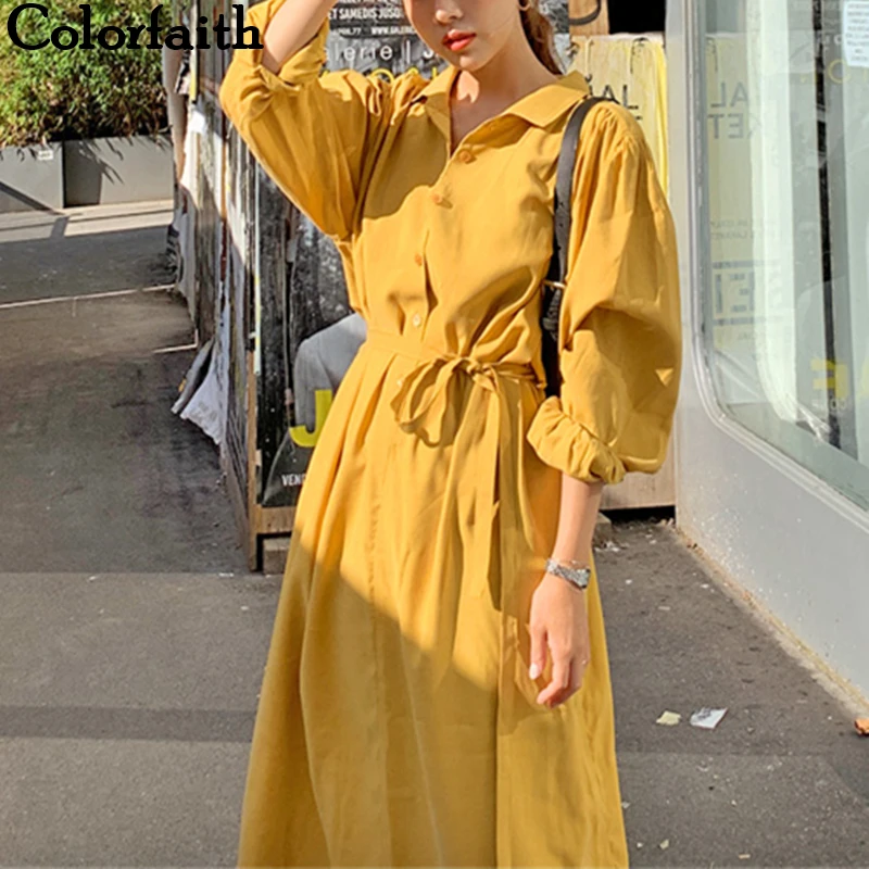 Новинка 2021 осенне-зимние женские платья Colorfaith с поясом модное элегантное