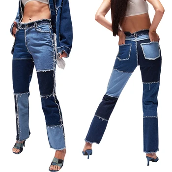 

High Waisted Jeans Fashion Denim Pants Capris Pocket Streetwear 2020 Long Trouses Ladies Patchwork Casual Women Mid Boot Cut