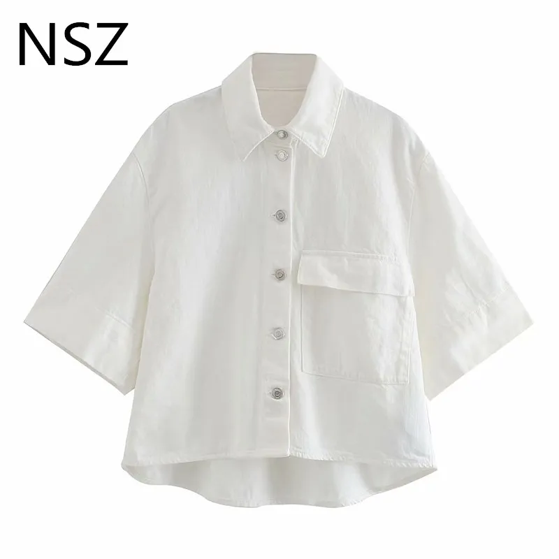NSZ women oversized white jeans blouse loose denim shirt 3/4 sleeve turn down collar fall top casual blusa camisa mujer | Женская одежда