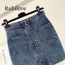 Rubilove юбка женская летняя новая Корейская Высокая талия молния карман Студенческая короткая Модная Джинсовая юбка высокое качество