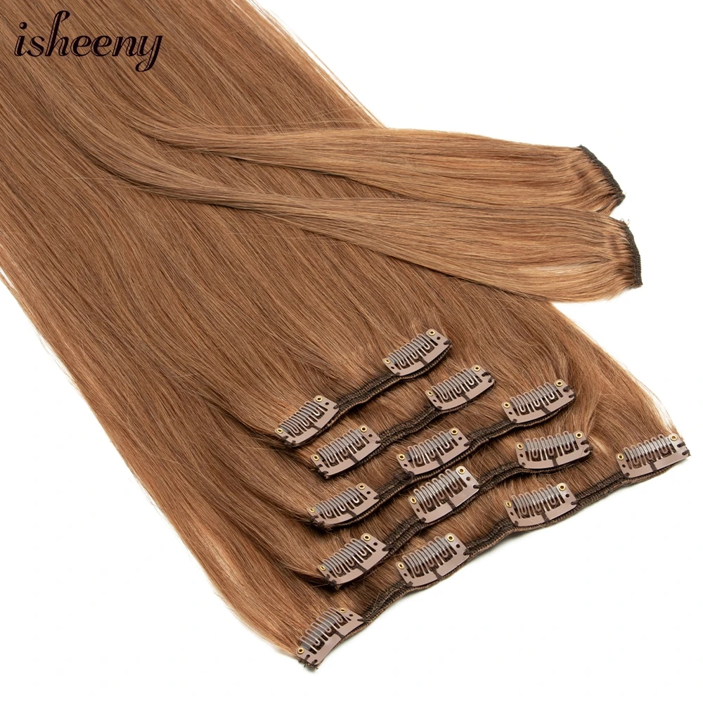 Isheeny 14"-24" Clip In Human Hair Extensions Brazilian Remy Natural Clip In Hairpiece Real Natural Human Hair Clip On 80G-140G