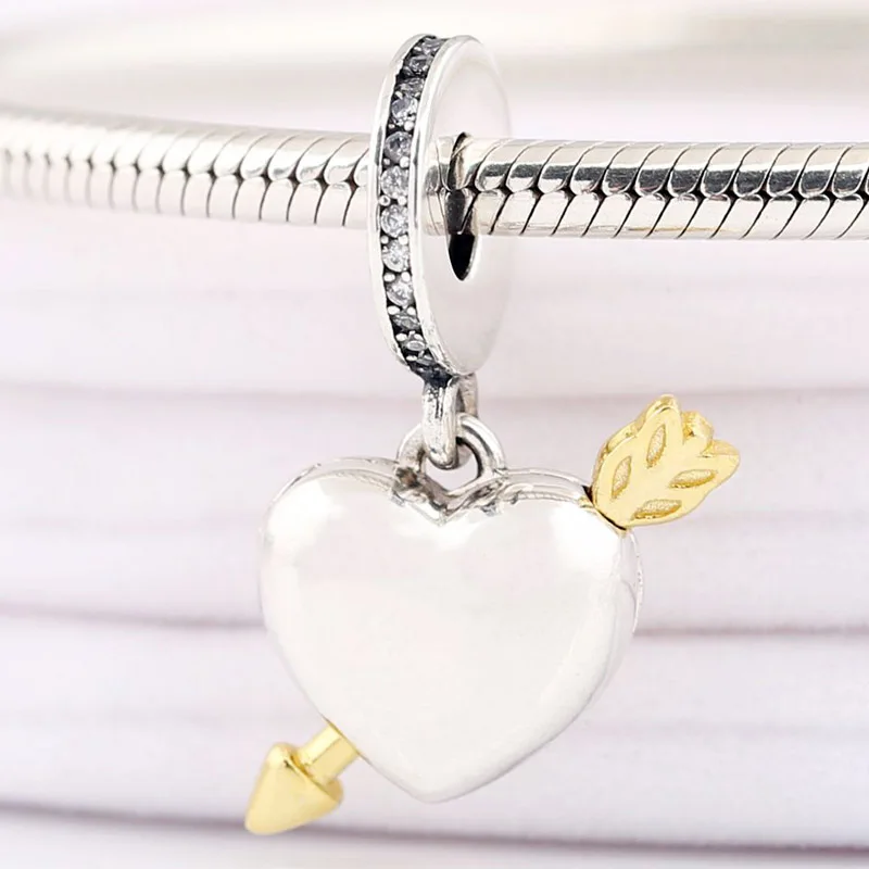 

New 925 Sterling Silver Charm Shine Arrow Of Love Heart With Crystal Pendant Bead Fit Original Fashion Bracelet DIY Jewelry
